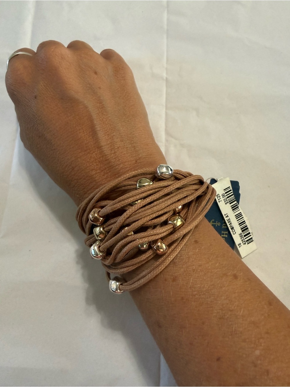 Vineyard Haven Multi Strand Tan Cord with Gold Silver Beads Toggle Bracelet NEW